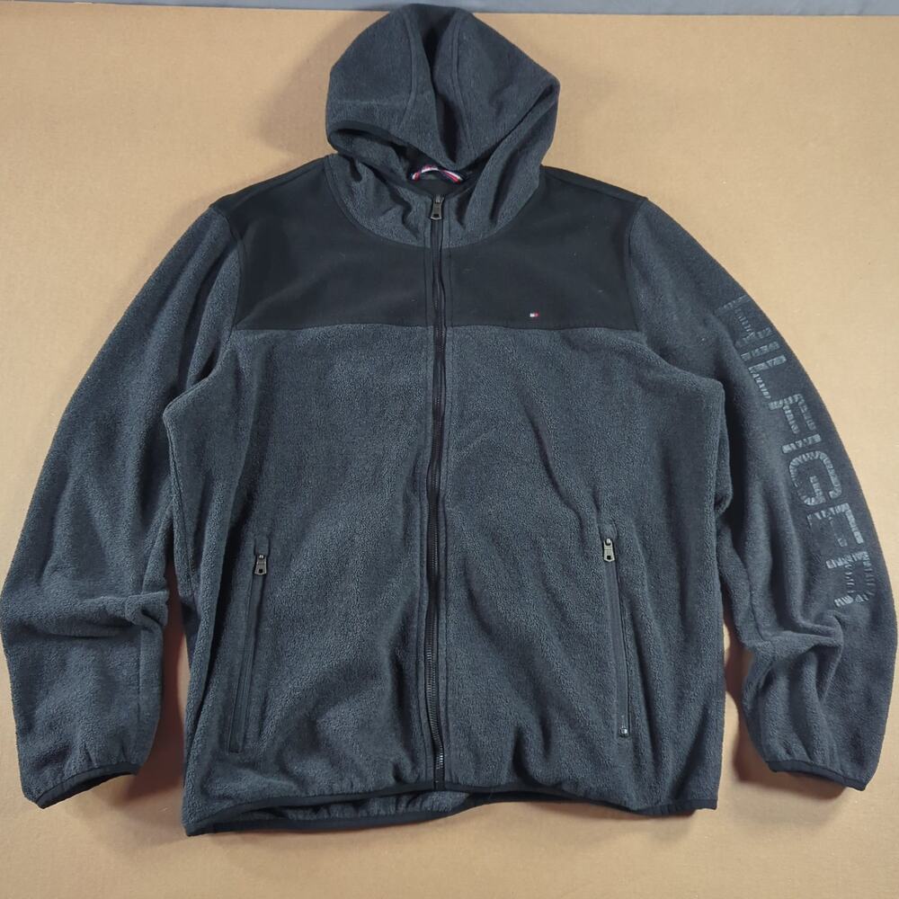 Tommy Hilfiger Hooded Fleece Full Zip Jacket XL Black Gorpcore Retro Outdoor